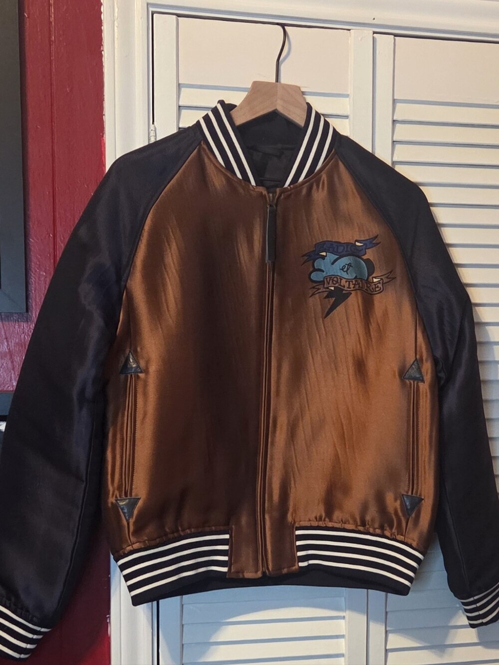 Zadig & Voltaire Satin Bomber Jacket in Brown and Black with Graphic Back -Sz SM - Picture 5 of 13